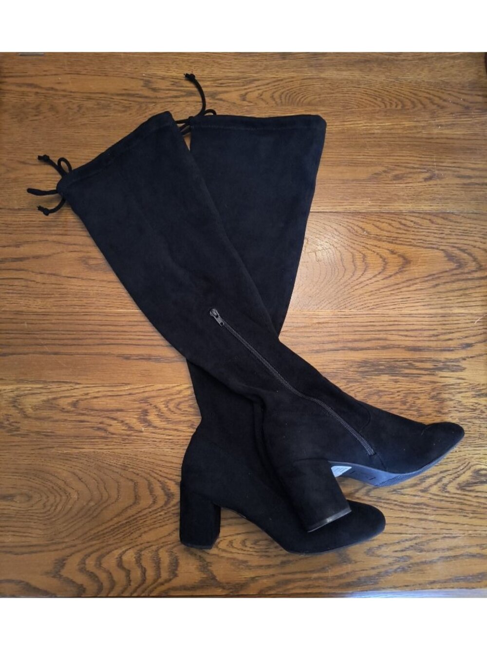 Black Knee-High Boots With Block Heel Size 9 Drawstring Tie Side Zipper Madeline